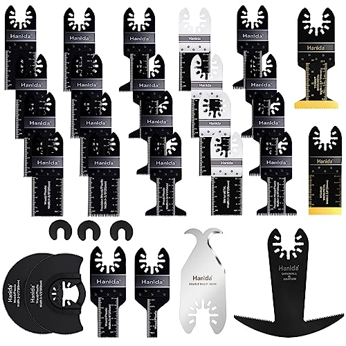 Hanida 31 Pcs Oscillating Tool Blades Metal, Titanium Oscillating Saw Blades, Multitool Blades Kit for Wood Plastics, Oscillating Multitool Hook Knife Blades, Drywall Blade Fit Dewalt, Bosch, Ryobi