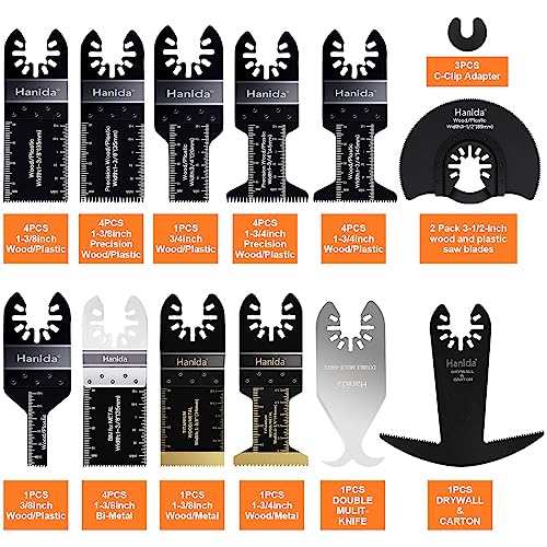 Hanida 31 Pcs Oscillating Tool Blades Metal, Titanium Oscillating Saw Blades, Multitool Blades Kit for Wood Plastics, Oscillating Multitool Hook Knife Blades, Drywall Blade Fit Dewalt, Bosch, Ryobi