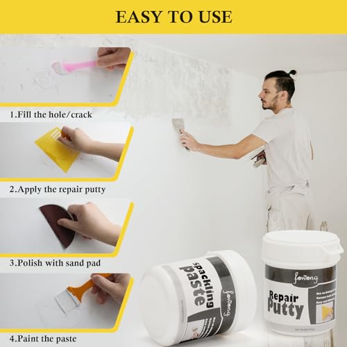 fowong Wall Repair Patch Kit Putty & Paint White, Drywall Patch Repair Kit DIY to Fix Wall Holes and Creak Damage with Putty Knife and Sanding Pad