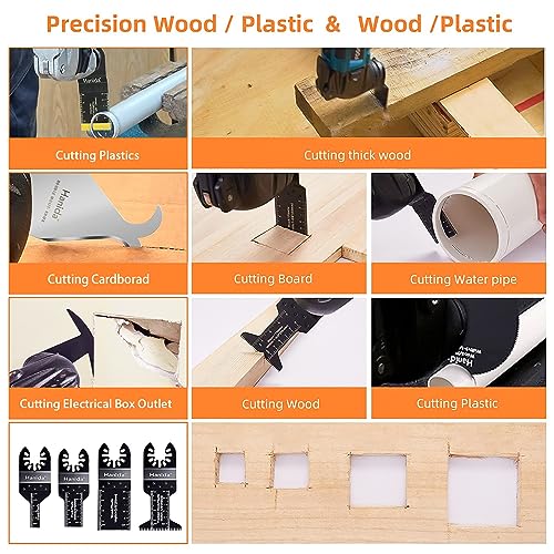 Hanida 31 Pcs Oscillating Tool Blades Metal, Titanium Oscillating Saw Blades, Multitool Blades Kit for Wood Plastics, Oscillating Multitool Hook Knife Blades, Drywall Blade Fit Dewalt, Bosch, Ryobi