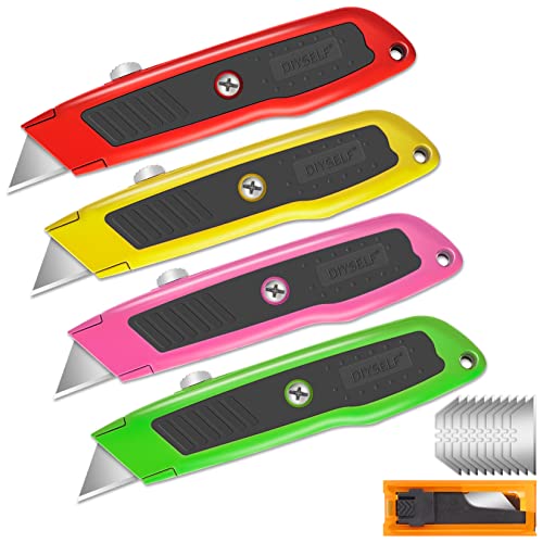 DIYSELF 4 Pack Box Cutter Retractable, Razor Knife with Auto Lock, Box Opener with 10 Blades, Box Knife, Sharp Utility Knife Retractable, Boxcutter for Cardboard, Carton, Drywall, Exacto Knife