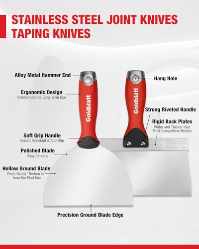 Goldblatt Drywall Hand Tool Kit - Stainless Steel Joint Knife, Taping Knives, Paniter Scraper, Mud Pan