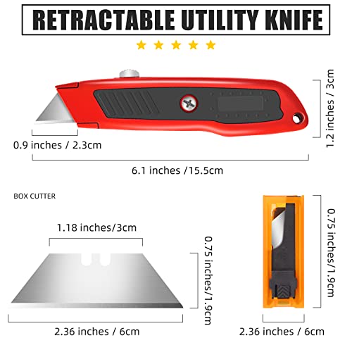 DIYSELF 4 Pack Box Cutter Retractable, Razor Knife with Auto Lock, Box Opener with 10 Blades, Box Knife, Sharp Utility Knife Retractable, Boxcutter for Cardboard, Carton, Drywall, Exacto Knife