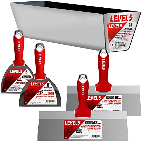 LEVEL5 Drywall Finishing Hand Tool Kit | 5, 6 Inch Joint Knives, 10, 12 Inch Taping Knives, 14 Inch Mud Pan | Stainless Steel Blades, Soft Grip Handles | Sheetrock Gyprock Plasterboard | 5-600