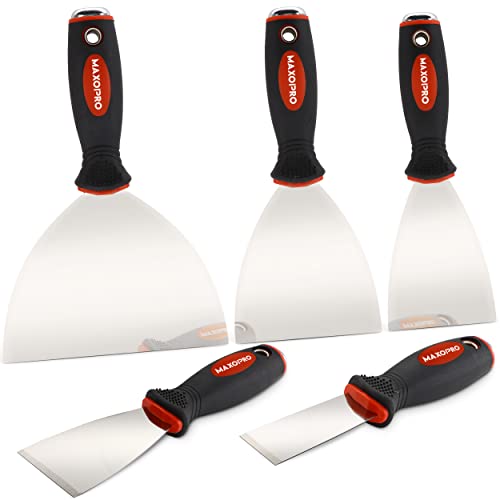 MaxoPro Professional Putty Knife Set Stainless Steel – 5Pcs Durable Putty Knife Scrapers for Drywall Spackle, Filing, Paint Scraping – Puddy Knife Wall Repair Kit with Ergonomic Non-Slip Handle