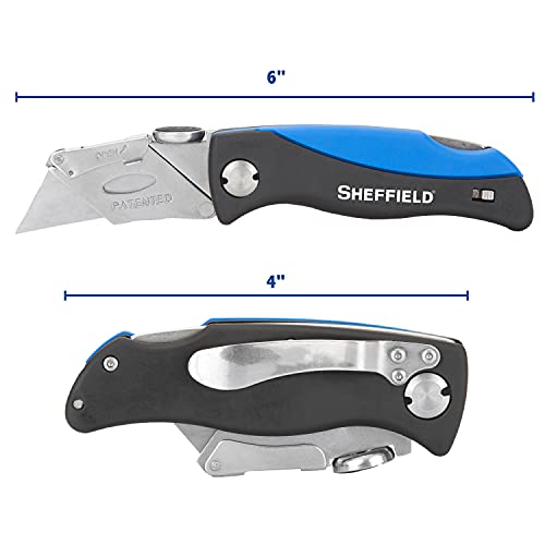 Sheffield 12119 Ultimate Lock Back Utility Knife, Box Cutter Knife, Carpet Knife, Drywall Cutter, Quick-Change Blade, Comes with 5 Blades, Blade Storage in Handle, Blue