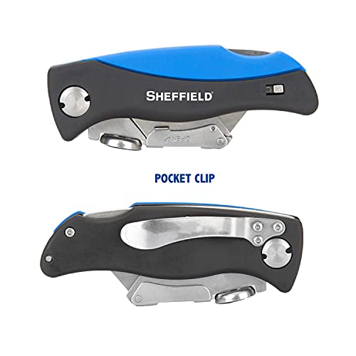 Sheffield 12119 Ultimate Lock Back Utility Knife, Box Cutter Knife, Carpet Knife, Drywall Cutter, Quick-Change Blade, Comes with 5 Blades, Blade Storage in Handle, Blue