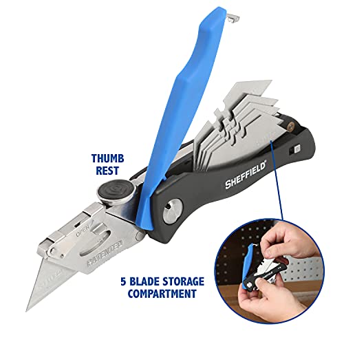 Sheffield 12119 Ultimate Lock Back Utility Knife, Box Cutter Knife, Carpet Knife, Drywall Cutter, Quick-Change Blade, Comes with 5 Blades, Blade Storage in Handle, Blue