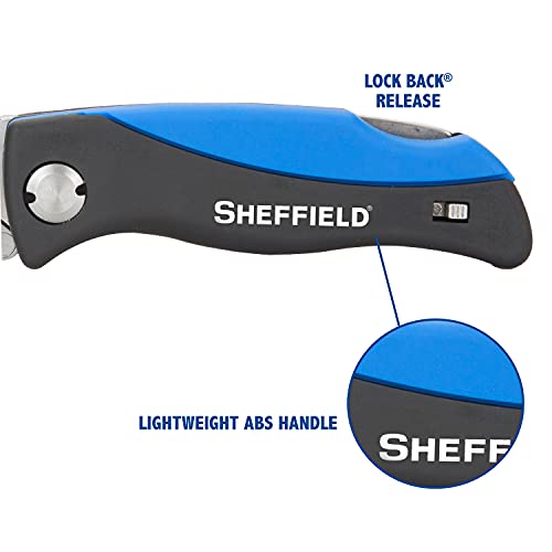 Sheffield 12119 Ultimate Lock Back Utility Knife, Box Cutter Knife, Carpet Knife, Drywall Cutter, Quick-Change Blade, Comes with 5 Blades, Blade Storage in Handle, Blue