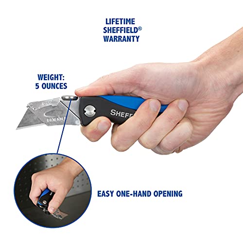 Sheffield 12119 Ultimate Lock Back Utility Knife, Box Cutter Knife, Carpet Knife, Drywall Cutter, Quick-Change Blade, Comes with 5 Blades, Blade Storage in Handle, Blue