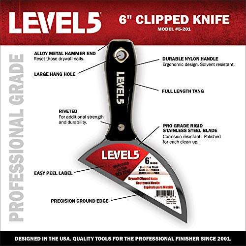 6" Clipped Drywall Pointing Knife - LEVEL5 | Metal Hammer End | Pro-Grade Finishing Tools | Sheetrock Gyprock Plasterboard Mud | 5-201