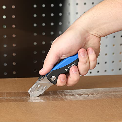 Sheffield 12119 Ultimate Lock Back Utility Knife, Box Cutter Knife, Carpet Knife, Drywall Cutter, Quick-Change Blade, Comes with 5 Blades, Blade Storage in Handle, Blue