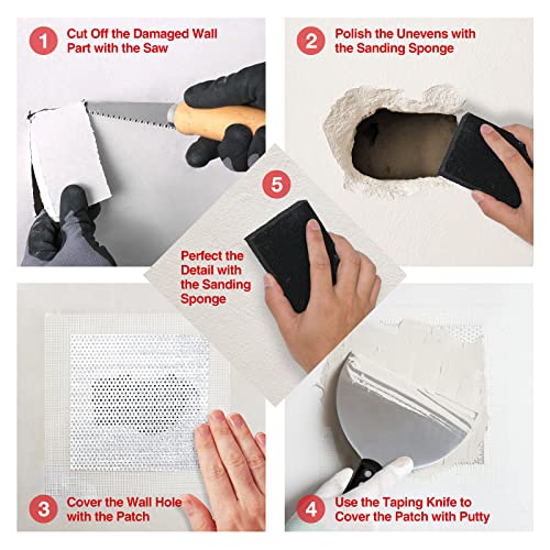 Goldblatt 17 Pieces Drywall Repair Kit, Including 14 Pieces 2/4/6/8 inch Aluminum Self Adhesive Wall Repair Patches, Jab Saw, Sanding Sponge, Putty Knife, for Drywall/Ceiling Patching, Plastering