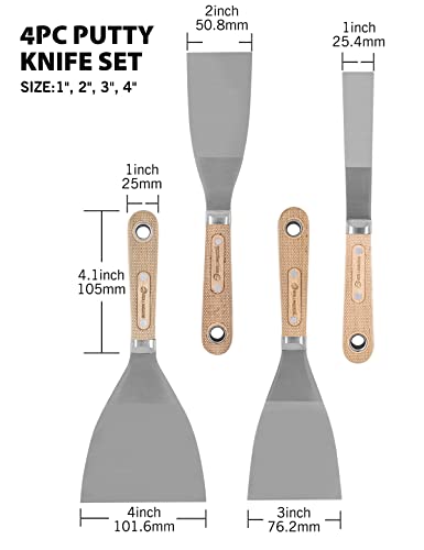 ROLLINGDOG 4PC Putty Knife Scrapers - Stainless Steel Spackle Knife Set with Laser Engraved Wood Handle for Scrapering,Drywall Repairs and Spreading(1",2",3",4")