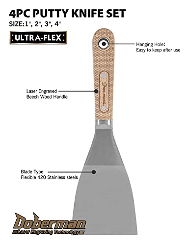ROLLINGDOG 4PC Putty Knife Scrapers - Stainless Steel Spackle Knife Set with Laser Engraved Wood Handle for Scrapering,Drywall Repairs and Spreading(1",2",3",4")