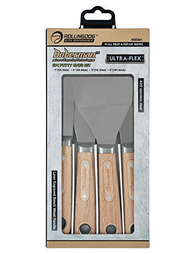 ROLLINGDOG 4PC Putty Knife Scrapers - Stainless Steel Spackle Knife Set with Laser Engraved Wood Handle for Scrapering,Drywall Repairs and Spreading(1",2",3",4")