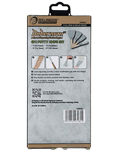 ROLLINGDOG 4PC Putty Knife Scrapers - Stainless Steel Spackle Knife Set with Laser Engraved Wood Handle for Scrapering,Drywall Repairs and Spreading(1",2",3",4")