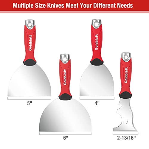 Goldblatt 4-piece Stainless Steel Joint Knife Set, 3-piece 4'', 5'', 6'' Putty Knives and 9-in-1 Multi-Tool Painter Scraper, Soft Handle with Hammer End, for Drywall