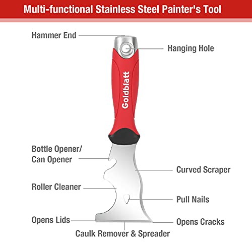Goldblatt 4-piece Stainless Steel Joint Knife Set, 3-piece 4'', 5'', 6'' Putty Knives and 9-in-1 Multi-Tool Painter Scraper, Soft Handle with Hammer End, for Drywall