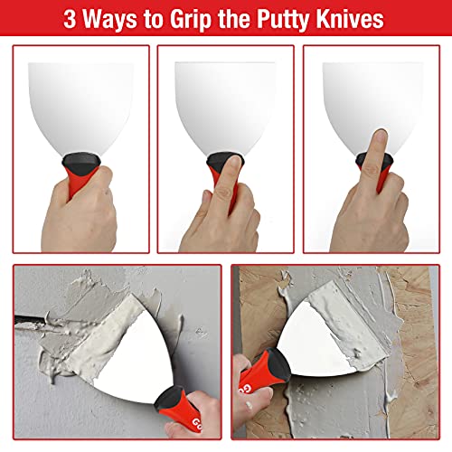 Goldblatt 4-piece Stainless Steel Joint Knife Set, 3-piece 4'', 5'', 6'' Putty Knives and 9-in-1 Multi-Tool Painter Scraper, Soft Handle with Hammer End, for Drywall
