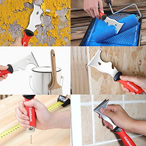 Goldblatt 4-piece Stainless Steel Joint Knife Set, 3-piece 4'', 5'', 6'' Putty Knives and 9-in-1 Multi-Tool Painter Scraper, Soft Handle with Hammer End, for Drywall