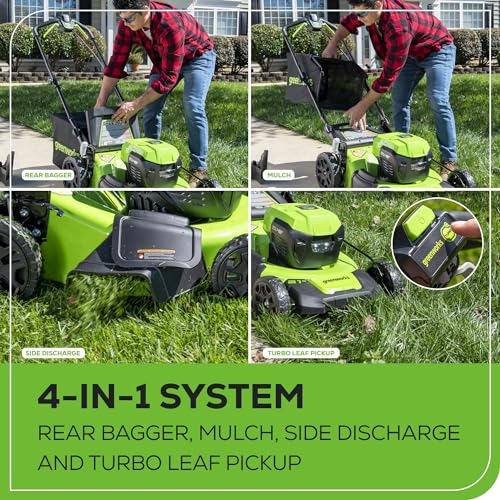 Greenworks 2 x 24V 21" Brushless Cordless (Self-Propelled) Lawn Mower + Blower (320 CFM) + 12" String Trimmer, (2) 5.0Ah Batteries and Charger Included (125+ Compatible Tools)