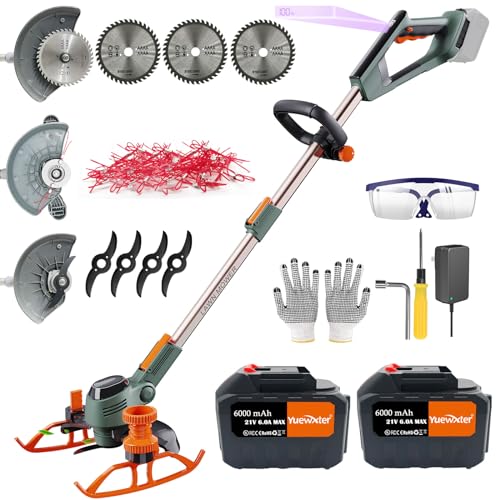 YUEWXTER Electric Weed Wacker, (21V 2x6.0A Weed Eater Battery Powered), 4-in-1 Grass Trimmer/Wheel Edger/Mini-Mower/Brush Cutter, with 3 x Saw Blades, 4 x Metal Blades, 30x Grass Cutting line
