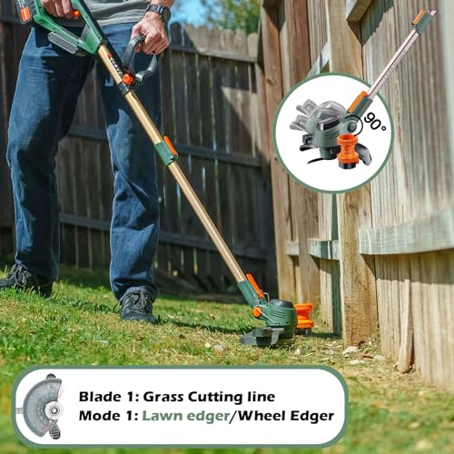 YUEWXTER Electric Weed Wacker, (21V 2x6.0A Weed Eater Battery Powered), 4-in-1 Grass Trimmer/Wheel Edger/Mini-Mower/Brush Cutter, with 3 x Saw Blades, 4 x Metal Blades, 30x Grass Cutting line