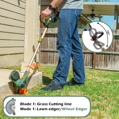 YUEWXTER Electric Weed Wacker, (21V 2x6.0A Weed Eater Battery Powered), 4-in-1 Grass Trimmer/Wheel Edger/Mini-Mower/Brush Cutter, with 3 x Saw Blades, 4 x Metal Blades, 30x Grass Cutting line
