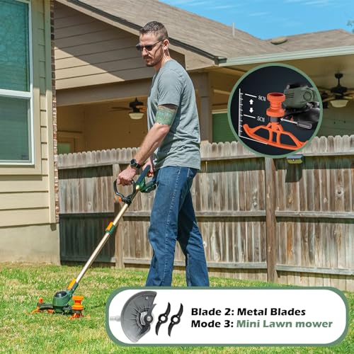 YUEWXTER Electric Weed Wacker, (21V 2x6.0A Weed Eater Battery Powered), 4-in-1 Grass Trimmer/Wheel Edger/Mini-Mower/Brush Cutter, with 3 x Saw Blades, 4 x Metal Blades, 30x Grass Cutting line