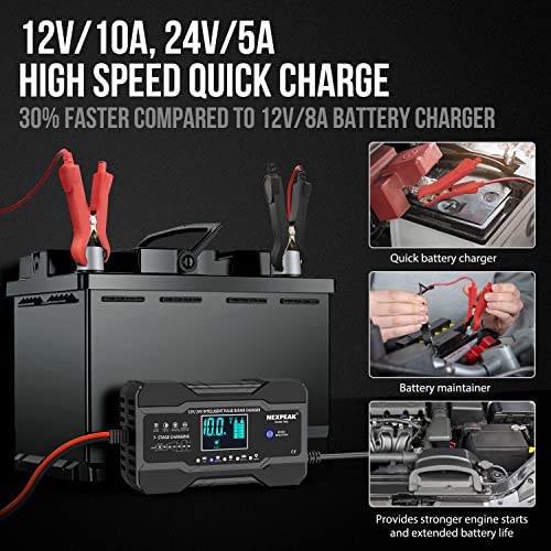 NEXPEAK 10-Amp Car Battery Charger, 12V and 24V Smart Fully Automatic Maintainer Trickle Charger w/Temperature Compensation for Truck Motorcycle Lawn Mower Boat Marine Lead Acid Batteries