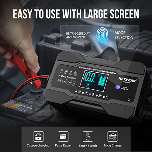 NEXPEAK 10-Amp Car Battery Charger, 12V and 24V Smart Fully Automatic Maintainer Trickle Charger w/Temperature Compensation for Truck Motorcycle Lawn Mower Boat Marine Lead Acid Batteries