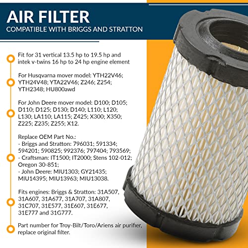 RARELEMON 796031 Air Filter Tune Up Kit, Compatible with Briggs and Stratton 591334 492932 696854; John Deere D100 D110 D125 D130 D140; Husqvarna YTH22V46 YTH24V48 YTA22V46; Lawn Mower Oil Filter