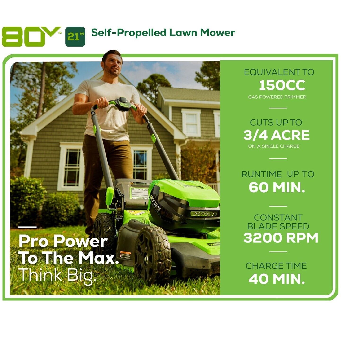 Greenworks 80V 21" Self-Propelled Mower with 4Ah 2Ah Battery & Charger (Renewed)
