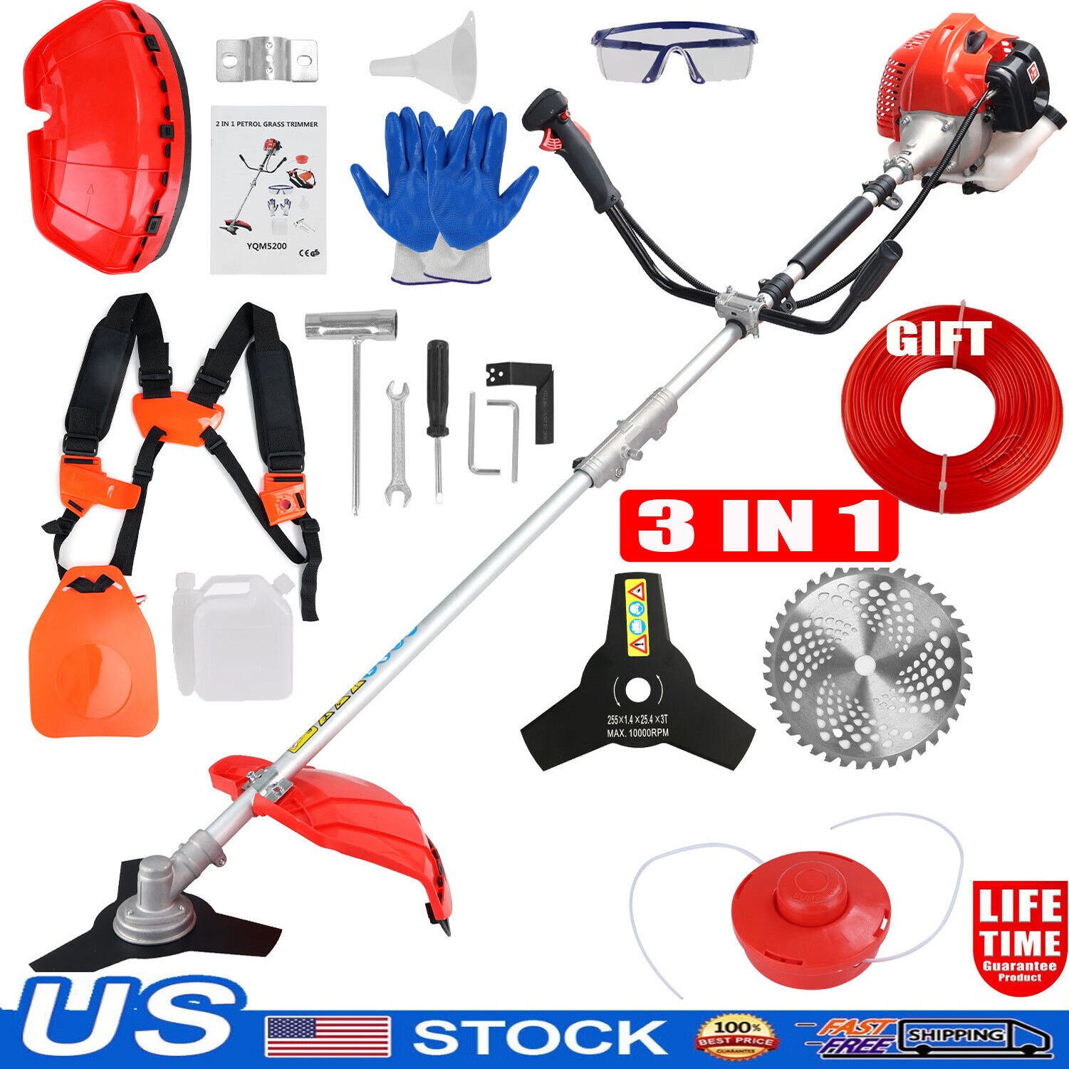 3 In1 Gas Backpack Weed Eater Grass Brush Cutter Lawn Mower Grass Hedge Trimmer