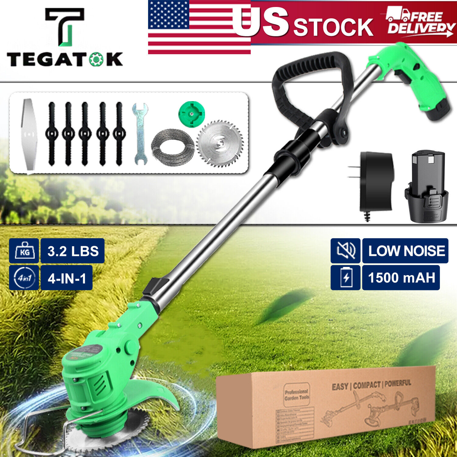 Tegatok 12V Cordless Grass String Trimmer Cutter Electric Weed Eater Lawn Edger