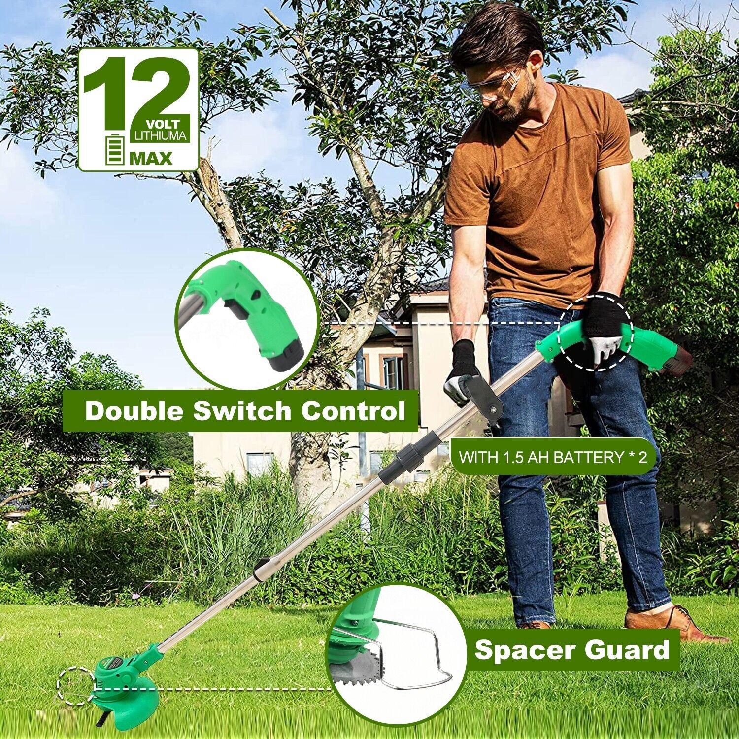 Tegatok 12V Cordless Grass String Trimmer Cutter Electric Weed Eater Lawn Edger