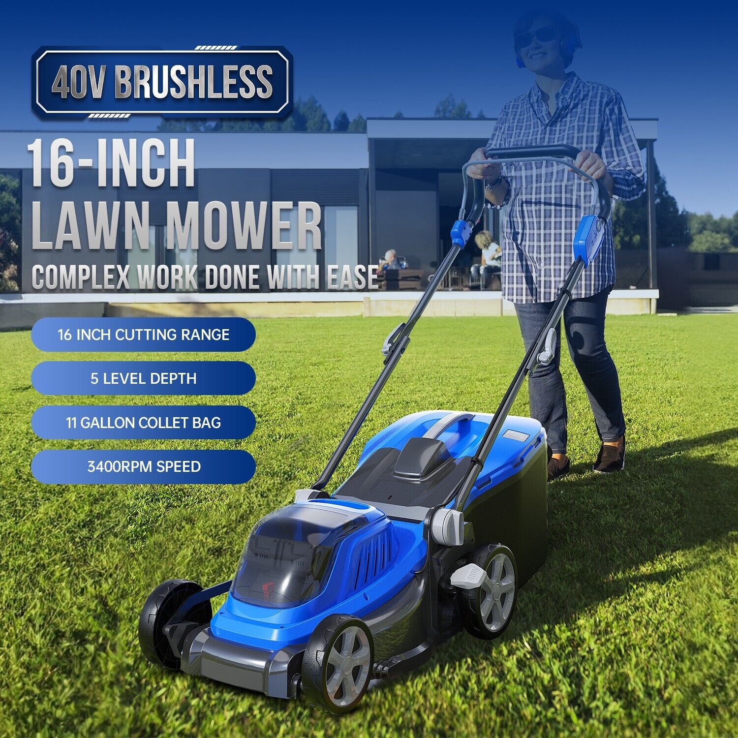 BADGER Lawn Mower 40V(20V*2)  Brushless 16 " Cordless, 5 Cutting Height