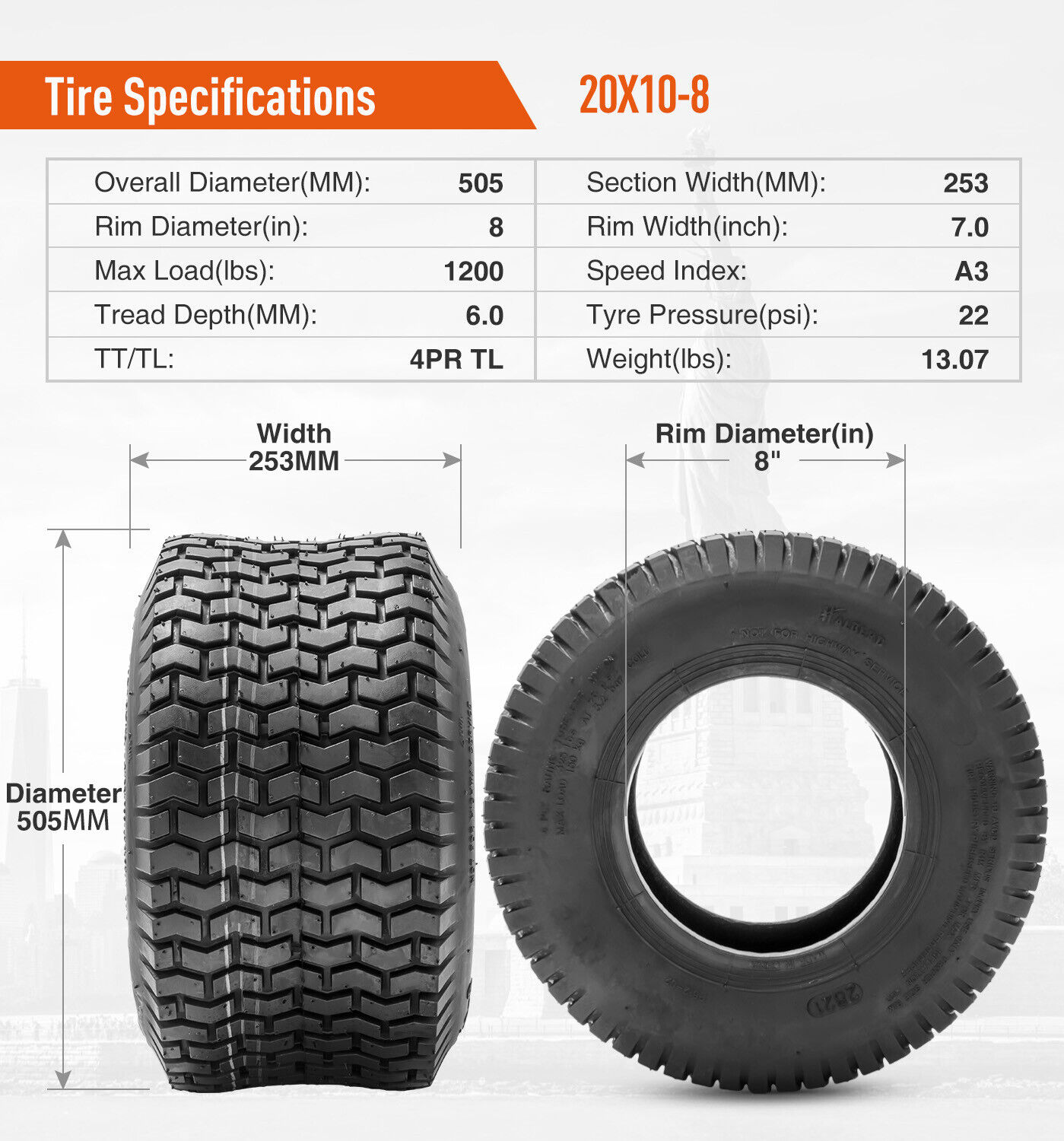 20x10-8 Lawn Mower Tire 4 Ply Tubeless 20x10x8 Heavy Duty Garden Tractor Turf 