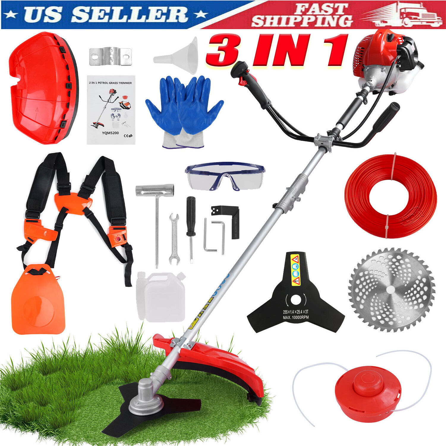 52CC 3-In-1 Gas String Trimmer Lawn Mower 2-Cycle Brush Cutter Weed Eater Wacker