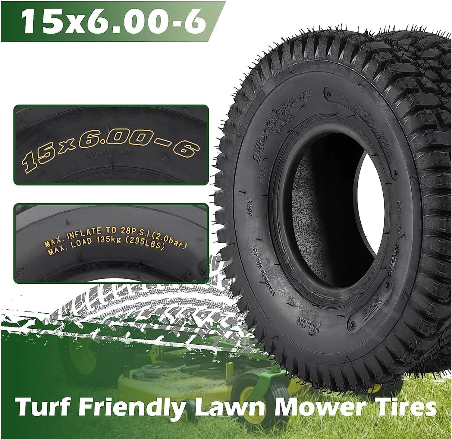 15x6.00-6 Lawn Mower Tire 15x6-6 Tractor Turf Tire 4 Ply Tubeless Set of 2