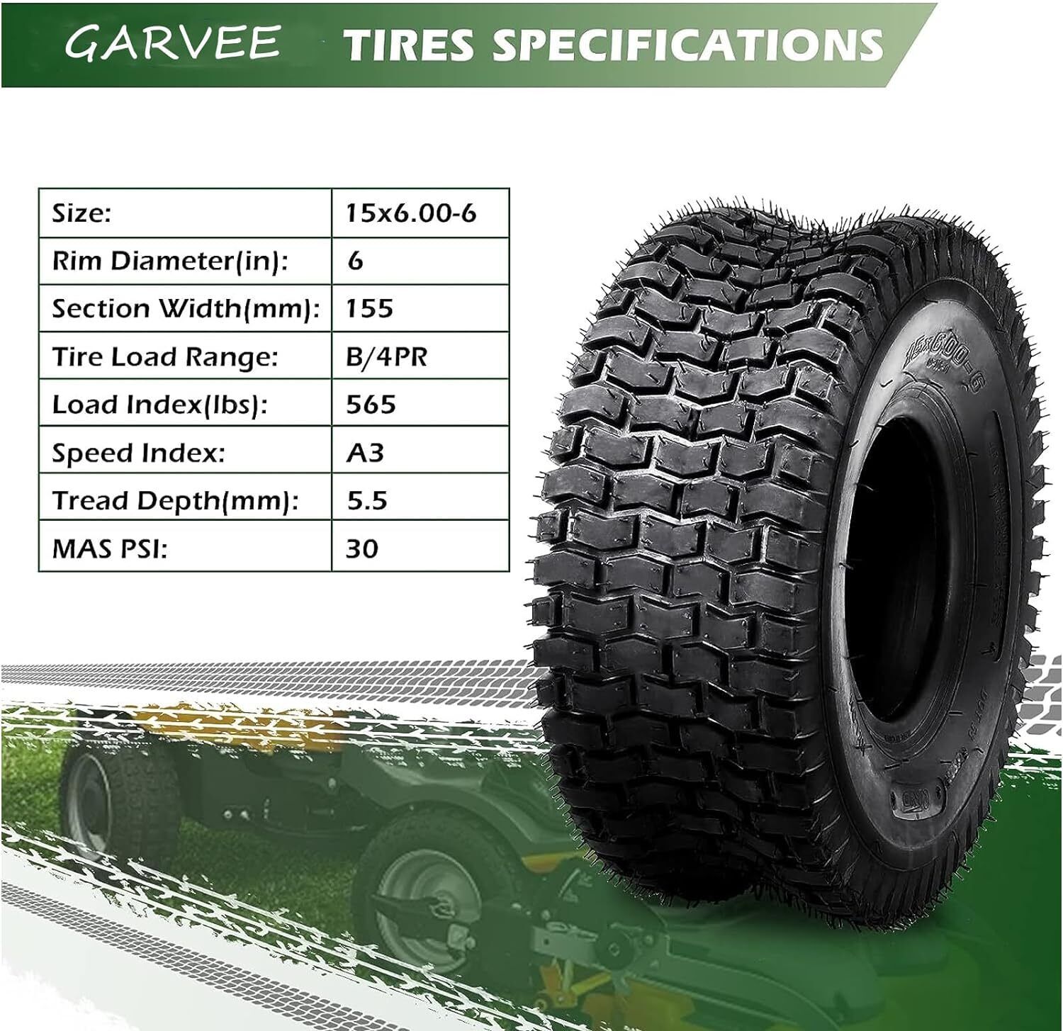 15x6.00-6 Lawn Mower Tire 15x6-6 Tractor Turf Tire 4 Ply Tubeless Set of 2