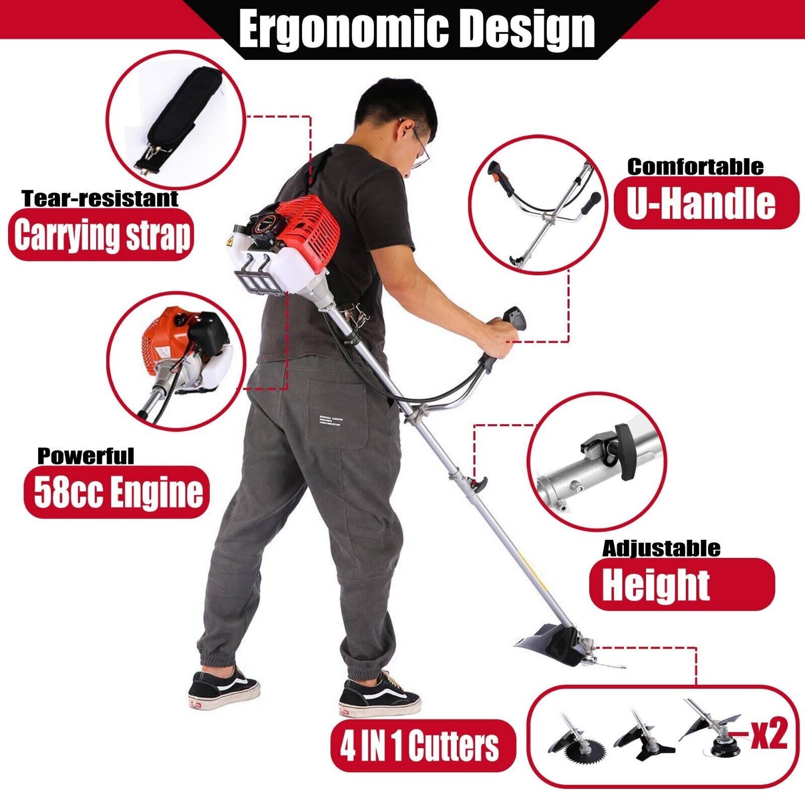 58cc 4-In-1 Gas String Trimmer Lawn Mower 2-Cycle Brush Cutter Weed Eater Wacker