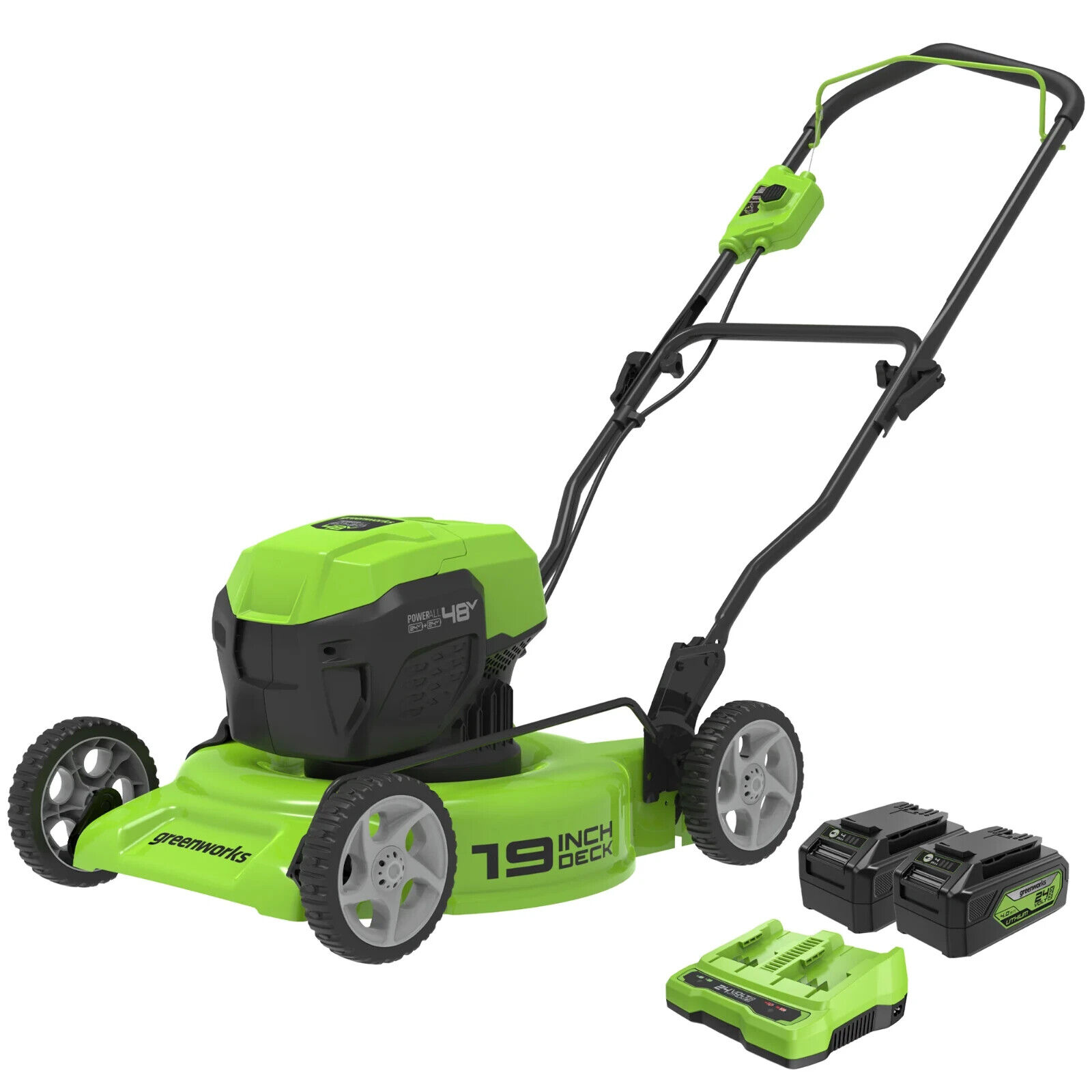 Greenworks 48V (2x24V) 19 in. Lawn Mower with 2 4Ah Battery and DualSlot Charger