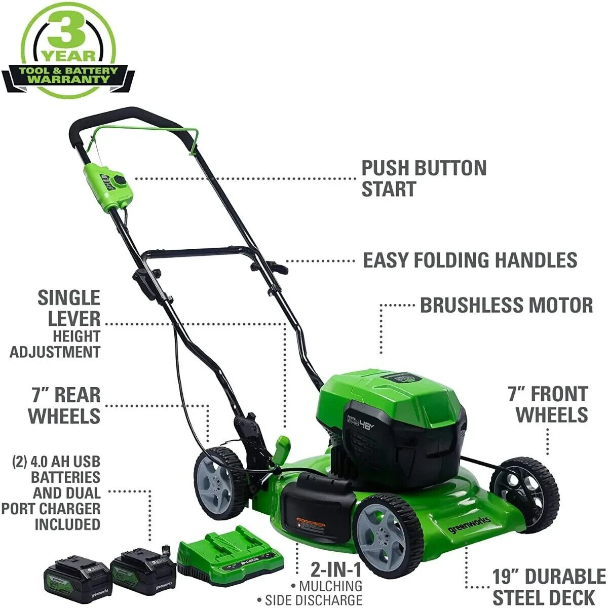 Greenworks 48V (2x24V) 19 in. Lawn Mower with 2 4Ah Battery and DualSlot Charger