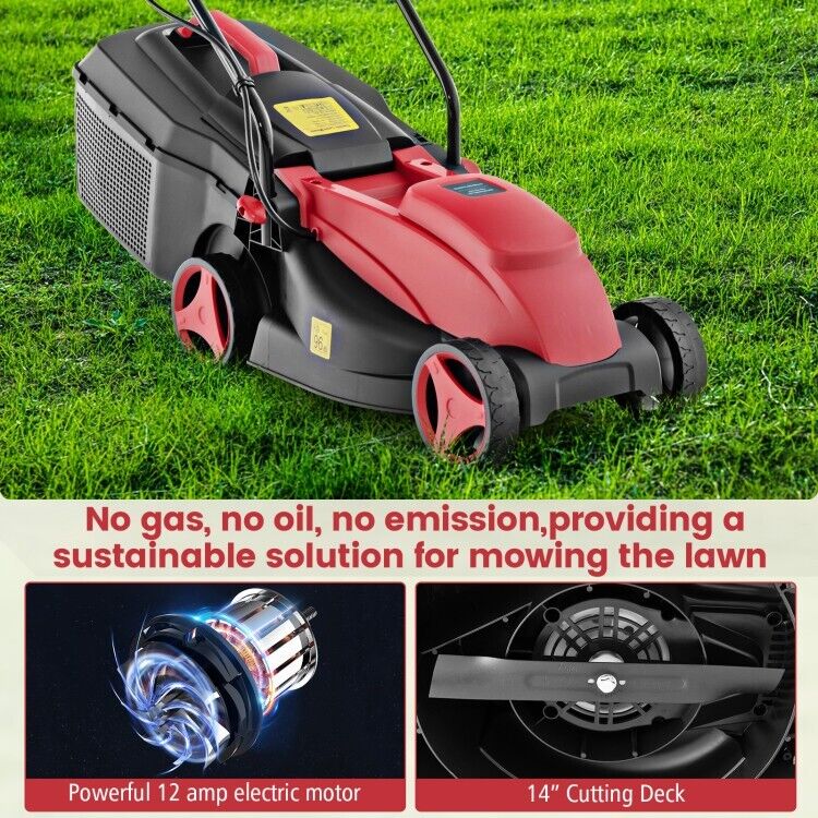 12-AMP Electric Lawn Mower Corded 13.5" Adjustable Height With Collection Box