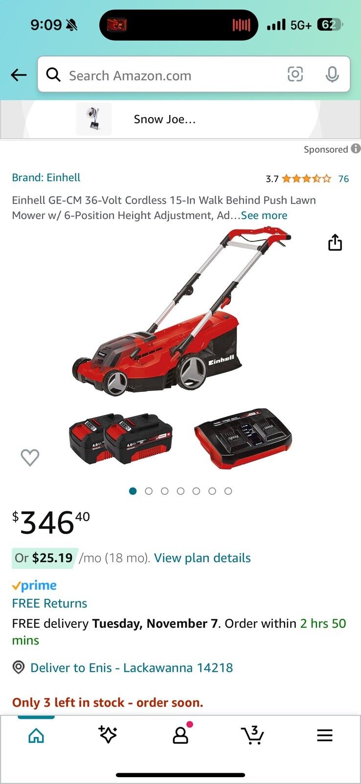 Einhell GE-CM 36 Volt Cordless 15 Inch Walk Behind Push Lawn Mower Kit