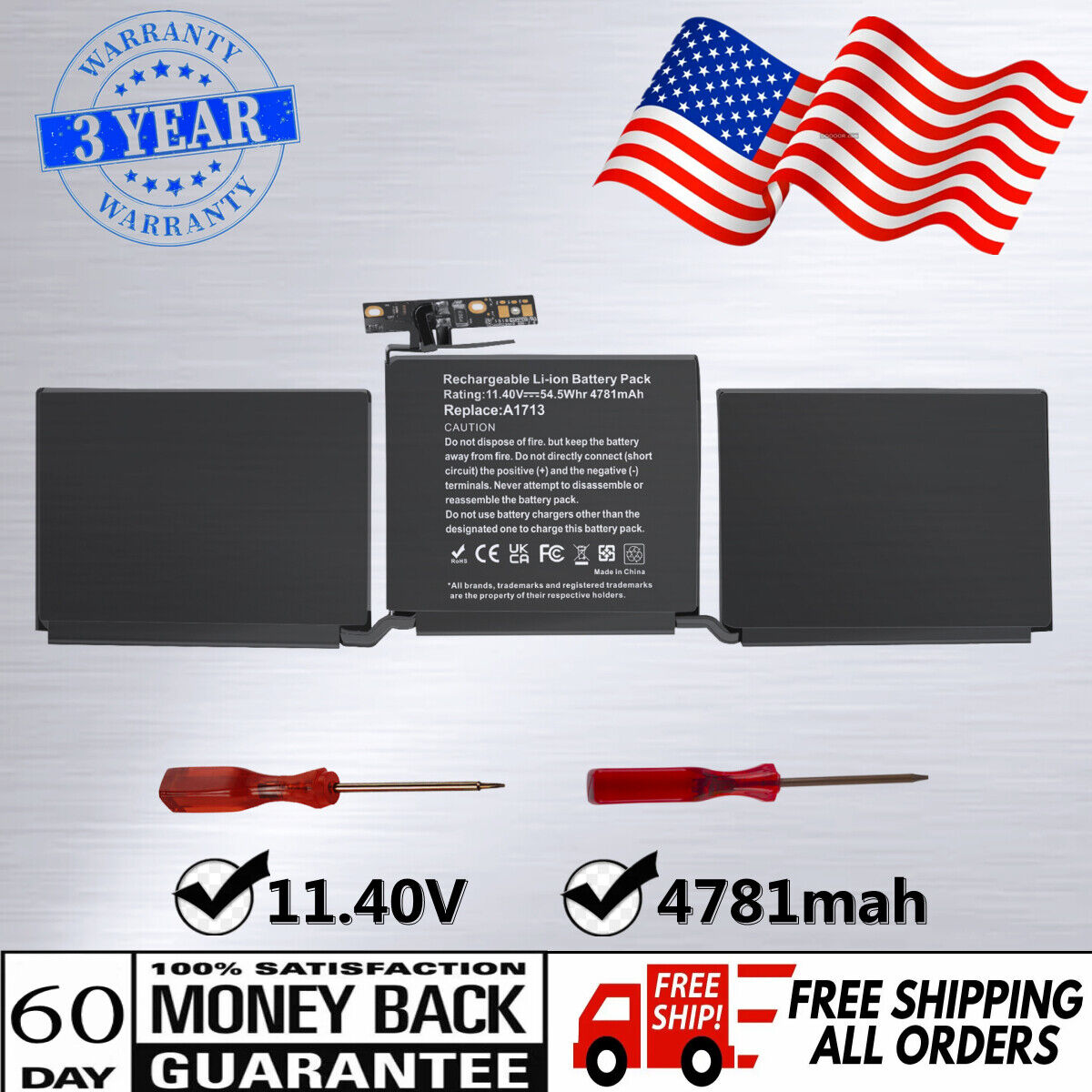 A1713 A1708 Battery For MacBook Pro 13" Late 2016 Mid 2017 EMC 2978 EMC 3164 US