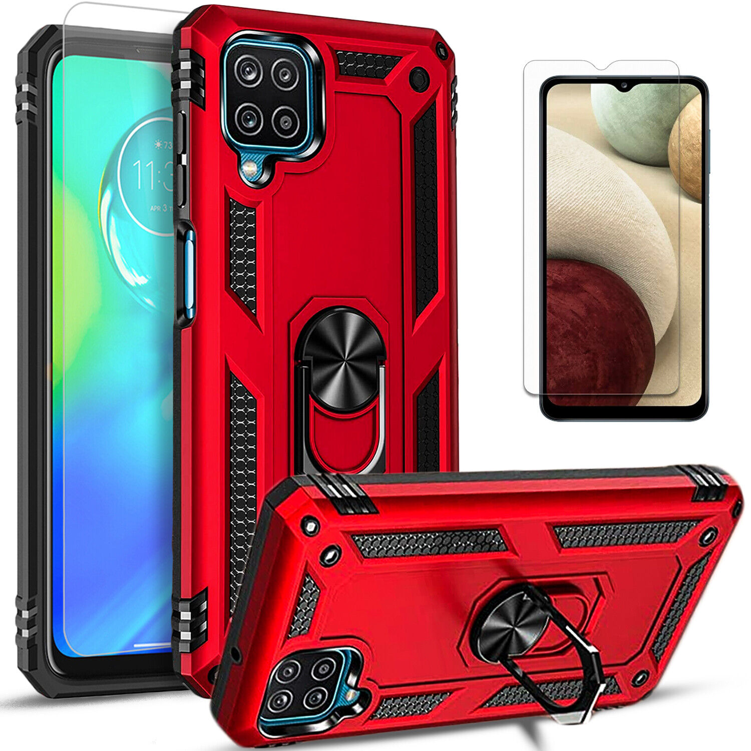 For Samsung Galaxy A12 Phone Case Ring Kickstand Cover +Tempered Glass Protector