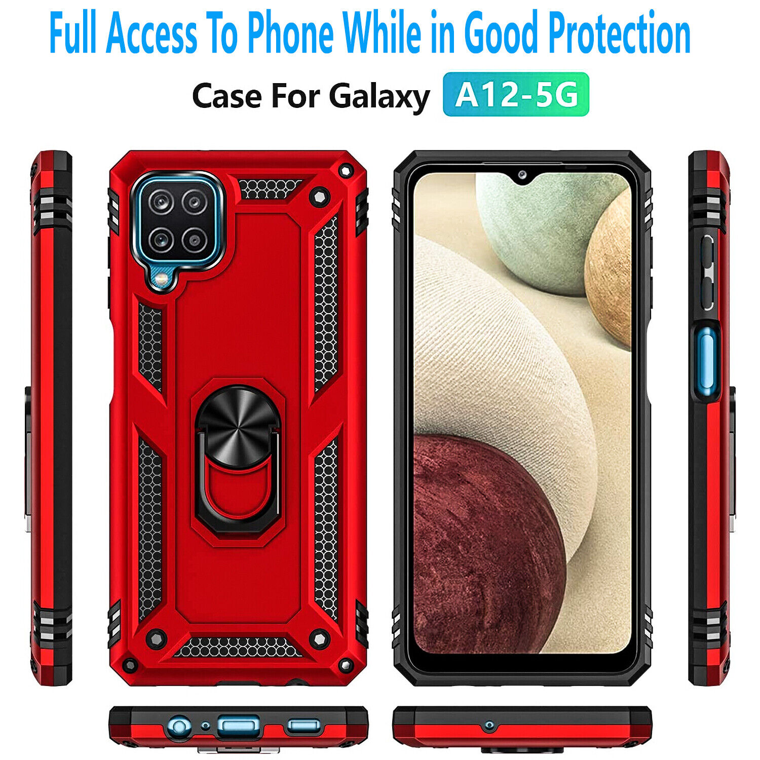 For Samsung Galaxy A12 Phone Case Ring Kickstand Cover +Tempered Glass Protector